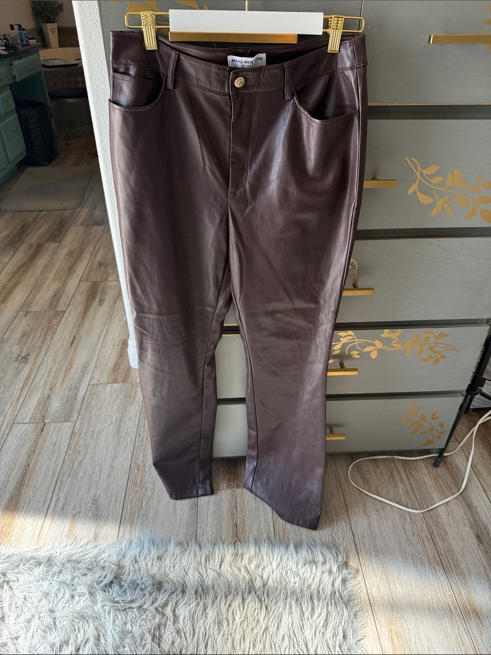 Marc New York Faux Leather Straight Leg Pants in Dark Brown